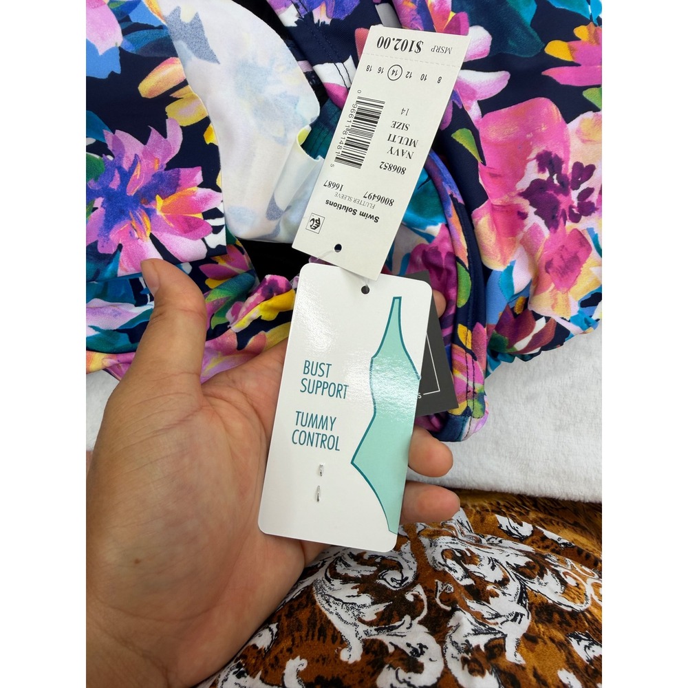 Swim Solutions Flutter Sleeve One Piece Swimsuit Size 14 Navy Floral - Picture 9 of 10